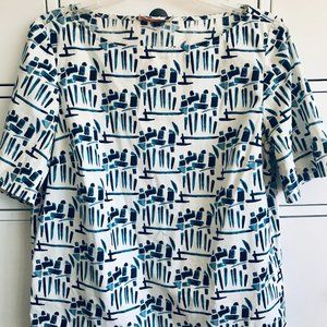 Tory Burch Blue and White Printed Bateau Neckline Blouse